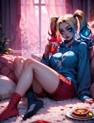 ai_generated blue_eyes boosty boosty_username cup cute dc_comics drinking glowing glowing_eyes harley_quinn hoodie makeup ponytail ponytails shpauz socks