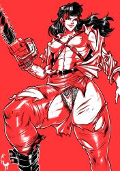 1girls abs areolae ash_williams black_hair breasts cameltoe chainsaw evil_dead female female_only genderswap_(mtf) hairy_pussy long_hair looking_at_viewer nipples pubic_hair red_background rule_63 scratches small_breasts smiling smiling_at_viewer solo thick_thighs thong torn_clothes turtlechan very_high_resolution