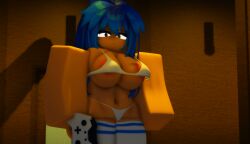 1girl 1girls 3d 3d_(artwork) areola areola_slip areolae belly_button big_breasts bikini blocky_body blue_hair bra breasts busty casual_exposure casual_nudity female female_only game_controller gamer_girl ktrr34 light-skinned_female light_skin looking_at_viewer micro_bikini midriff panties roblox robloxian solo solo_female solo_focus thighhighs thong white_bikini white_bra xbox_controller