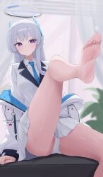 absurdres barefoot blue_archive blush feet female highres long_hair looking_at_viewer millennium_science_school_student noa_(blue_archive) panties pantyshot purple_eyes seminar_(blue_archive) soles toes underwear white_hair