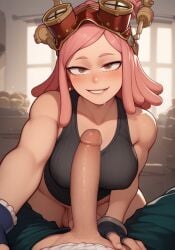 1boy 1futa after_masturbation ai_generated balls before_sex big_breasts big_penis black_shirt blush boku_no_hero_academia breasts curvy curvy_female curvy_figure drool erect_penis erection futa_sans_pussy futanari huge_cock long_penis luxruleart mei_hatsume my_hero_academia penis pink_hair thighs