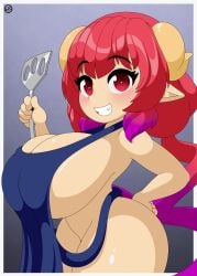 1girls apron big_breasts breasts clothing dragon_girl female female_only horns huge_breasts ilulu_(dragon_maid) miss_kobayashi's_dragon_maid mostly_nude naked_apron nr_ac pointy_ears red_eyes red_hair shortstack smile solo solo_female thick_thighs thighs wide_hips