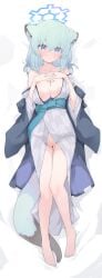 absurdres animal_ears aqua_hair blue_archive blue_halo breasts censored dakimakura_(medium) female halo highres japanese_clothes kimono large_breasts looking_at_viewer lying mikozin naked_kimono nipples official_alternate_costume on_back pussy shigure_(blue_archive) shigure_(hot_spring)_(blue_archive) solo tail weasel_ears weasel_girl weasel_tail