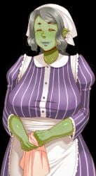 dish_cloth edited enoshima_iki female grey_hair looking_at_viewer maid mature_female older_female orc orc_female red_eyes smile smiling smiling_at_viewer solo solo_female wench