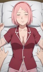 aged_up ai_generated ass bare_legs barefoot bigmic145 boruto:_naruto_next_generations breasts closed_eyes female female_only medium_breasts naruto naruto_(series) pajamas pink_hair sakura_haruno short_hair sleeping