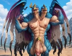 1boy 2_heads abs ai_generated anthro armpits avian balls bara big_balls big_muscles big_nipples big_pecs big_penis blue_feathers booster_rex chaos_daemon daddy daemon_of_tzeentch demon dilf erect_nipples erection flexing gay huge_balls huge_cock huge_muscles huge_nipples huge_pecs kairos_fateweaver lord_of_change male male_only multi_head muscular muscular_anthro muscular_male navel nipples nude pecs penis solo total_war:_warhammer