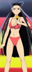 1girls bare_shoulders big_breasts bikini black_eyes black_hair breasts busty closed_mouth collarbone dot_nose female female_only full_body hair_ribbon higashikazuno_miya highres koi_koi_7 legs long_hair looking_at_viewer microphone navel red_bikini ribbon smile standing stitched swimsuit thighs third-party_edit