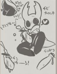 censor_bar censored_penis cum hollow_knight japanese_text male penis protagonist_(hollow_knight) vessel_(species)