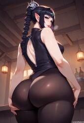 ai_generated baldur's_gate_3 balecxi black_hair eyeshadow from_below green_eyes huge_ass leggings looking_at_viewer looking_back ponytail shadowheart