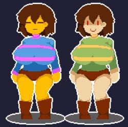 big_breasts boots brown_hair chara chara_(undertale) frisk frisk_(undertale) pixel_art red_eyes short_shorts similar_looking small_waist sweater turtleneck_sweater undertale