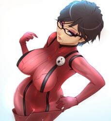 1girls alternate_breast_size bayonetta bayonetta_(character) bayonetta_2 beauty_mark black_hair bodysuit breasts cleavage cosplay eyeliner eyeshadow female female_only glasses hourglass_figure huge_breasts jeanne_(bayonetta) large_breasts lipstick makeup nipples short_hair solo standing superboin thighhigh_boots tight_clothes voluptuous