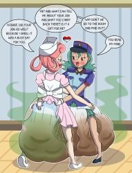 2girls diaper flirting heart hearts_around_head hypermess lesbian lesbian_couple lesbians messy_diaper nurse_joy officer_jenny_(pokemon) onimarudl pokemon scat stink_lines text text_bubble yuri