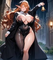 ai_generated ai_hands bare_thighs bell big_breasts big_nipples bimbo bimbo_body blush breasts breasts_bigger_than_head church closed_eyes curvy curvy_body curvy_female curvy_figure detailed_background elf elf_ears elf_female freckles ginger_hair green_eyes highleg_panties huge_breasts huge_nipples large_breasts long_hair looking_forward massive_breasts navel night nipples nun open_mouth original_character raining raised_arm starlightnex thick thick_hips thick_legs thick_thighs transparent_clothing visible_nipples wet wet_body wet_clothes wet_skin