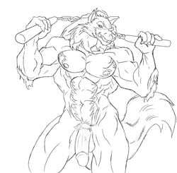 1boy abs anthro balls biceps canine capcom cyran darkstalkers fur gallon humanoid_penis jon_talbain male male_only mammal melee_weapon muscular muscular_male naked nipples nude nunchaku pecs penis sketch solo standing teeth vein video_games weapon wolf