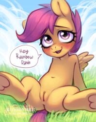 belly bloodymrr cub equid equine feral feral_only friendship_is_magic hair hasbro hooves horse my_little_pony mythological_creature mythological_equine mythology navel orange_body orange_fur pegasus pony purple_eyes purple_hair pussy scootaloo_(mlp) short_hair smile underhoof wings young