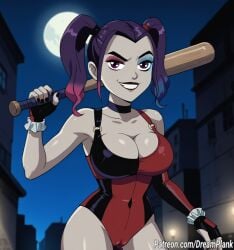 ai_generated baseball_bat boomerang_(tv_network) cameltoe cartoon_network cleavage dc dc_comics dreamplank harley_quinn_(cosplay) large_breasts night outdoors raven_(dc) teen_titans warner_brothers