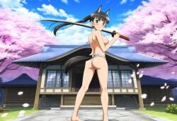 ai_generated animal_ears animal_tail ass blush cherry_blossoms female fundoshi holding_weapon house katana large_breasts looking_at_viewer nipples nude sakamoto_mio smile strike_witches world_witches_series