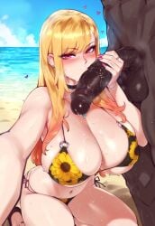 1boy 1boy1girl 1girls ai_generated beach big_breasts big_penis bikini blonde_hair breasts dark-skinned_male earrings grabbing_penis hand_on_penis holding_penis interracial kitagawa_marin kneeling light-skinned_female looking_at_viewer novelai oral oral_sex penis sono_bisque_doll_wa_koi_wo_suru twitwit