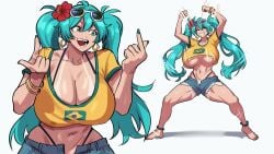 <1_second_video 16:9 1girls animated aqua_eyes aqua_hair borrowed_design bouncing_breasts bracelet brazil brazilian brazilian_female brazilian_flag brazilian_flag_print brazilian_miku breasts cleavage closed_eyes dancing denim denim_shorts earrings eyewear_on_head female flower geulimykun_(skbyunea413) hakari_dance hatsune_miku huge_breasts jewelry latin_american_hatsune_miku_(meme) long_hair navel no_sound open_mouth parody rectangular_earrings shirt shorter_than_10_seconds shorts shorts_tan smile solo sunglasses tagme tan tanlines thick_thighs thighs twintails underboob video vocaloid yellow_shirt