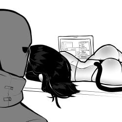 1boy 1girls 2024 ass bikini black_hair cat_tail catgirl elbow_gloves female gloves laptop long_hair lying male on_side original tagme tail tekona