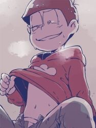 blush_lines body_blush clothing osomatsu-san osomatsu_matsuno pants red_hair smiling sweaty