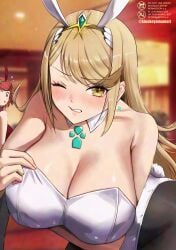 2girls absurd_res annoyed annoyed_expression ass ass bare_shoulders bent_over black_legwear blonde_hair breasts bubble_butt bunny_ears bunnysuit cleavage core_crystal detached_collar fat_ass female female_only highres large_ass large_breasts leaning_forward legwear leotard looking_at_viewer monolith_soft mythra nintendo one_eye_closed oyasu_(kinakoyamamori) pyra red_eyes red_hair red_leotard thick_ass thick_thighs thighs white_leotard xenoblade_(series) xenoblade_chronicles_2 yellow_eyes