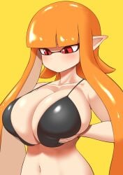 2024 belly belly_button big_breasts bikini black_bra black_clothing black_panties blush breasts cleavage female female_focus female_only fixing_hair hands_on_breasts holding_breast holding_tits inkling inkling_girl jpg kaori_(splatoon) large_boobs large_breasts leaning light-skinned_female light_skin long_hair looking_at_own_breasts looking_down nobunagapero on_knees orange_hair pointy_ears red_eyes shoulders simple_background skimpy_clothes solo solo_female solo_focus splatoon squish squished_breasts tentacle tentacle_hair yellow_background