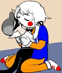 1boy bowtie bro_strider gloved_hands guidestuck holding_object homestuck kiss kissing kissing_doll lil_cal lil_cal_(homestuck) makeup male_focus puppet sitting_on_floor