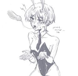 1girls bunny_ears bunnysuit cum_in_mouth cum_on_body cum_on_face disembodied_penis dottore_(genshin_impact) precum_drip scaramouche_(genshin_impact)