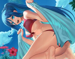 1girls aoki_hagane_no_arpeggio barefoot bikini blue_eyes blue_hair blue_sky breasts cloud erect_nipples_under_clothes feet female female_only flower from_below hibiscus human kneeling lasterk long_hair looking_at_viewer looking_down nipples open_mouth ponytail red_bikini sky smile soles solo swimsuit takao_(aoki_hagane_no_arpeggio) tied_hair towel underboob very_long_hair