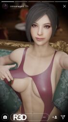 1girls 3d ada_wong black_hair looking_at_viewer lriko3d medium_breasts nipples one_breast_out resident_evil short_hair social_media sofa solo swimsuit tagme teasing