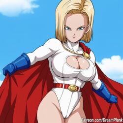 1girls ai_generated android_18 blonde_hair blue_eyes boob_window busty cameltoe cape cleavage cosplay crossover dragon_ball_z dreamplank large_breasts light-skinned_female light_skin outdoors power_girl_(cosplay) superhero