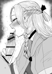 1boy absurdres bar_censor blonde_hair blue_capelet blue_robe blush braid breasts capelet censored choker dress dungeon_meshi elf erection fellatio female greyscale hair_around_ear highres hood hooded_capelet kaiman_garupan licking licking_penis long_hair long_sleeves marcille_donato monochrome multiple_braids nude open_mouth oral penis penis_grab penis_on_face pointy_ears robe simple_background steaming_body straight sweat tongue tongue_out white_background