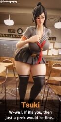 3d black_hair blender breasts cleavage dialogue dialogue_box doonography female female_focus female_only fortnite fortnite:_battle_royale giantess growth looking_at_viewer school_uniform schoolgirl sequence short_skirt skirt talking_to_viewer teasing text thick_thighs thighhighs thighs tsuki_(fortnite) watermark