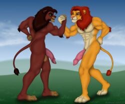 6:5 abs absurd_res animal_genitalia anthro balls big_penis digital_media_(artwork) disney duo feet felid genitals grass hair half-erect hi_res kovu_(the_lion_king) lion male male/male mammal mane muscular muscular_anthro muscular_male nude outside pantherine pecs penis plant rahir_(artist) simba_(the_lion_king) smile standing tail the_lion_king toes vein veiny_penis