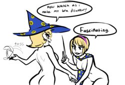 2girls ass blonde_hair bra breasts cape daughter dialogue female hairband hat homestuck incest mother mother_and_daughter ms_paint_adventures multiple_girls naked nipples nsfwee nude rose_lalonde roxy_lalonde short_hair speech_bubble text undressing wand white_background white_skin wizard_hat yuri