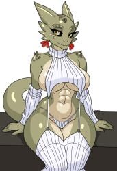 abs anthro anthro_female bare_shoulders collarbone elizabeth_(nisetanaka) female female_only ghostec green_skin humanoid lizard lizard_girl lizard_humanoid lizard_tail muscular muscular_female navel non-mammal_breasts scalie scalie_female scalie_humanoid sitting smile solo sweater tail the_elder_scrolls thick_thighs virgin_destroyer_sweater wide_hips yellow_eyes