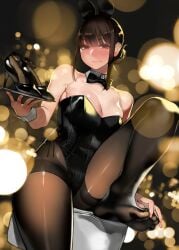 big_breasts bra curvy_figure dark_hair female female_only full_body half-dressed half_naked light-skinned_female light_skin looking_at_viewer panties shiny_skin short_hair simple_background smile solo solo_female yomu_(sgt_epper)