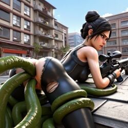 1girls 3d ai_generated anal_sex assassin bent_over double_penetration female_assassin gun interspecies sniper_rifle tentacle tentacle_sex vaginal_penetration