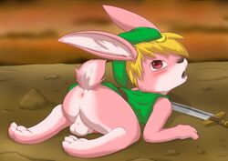 1boy a_link_to_the_past anthro anus balls blonde_hair bottomless clothed clothing fur hair hat hitsunekun lagomorph link link_(rabbit_form) looking_at_viewer looking_back male male_only mammal nintendo open_mouth partially_clothed paws penis pink_fur presenting rabbit solo the_legend_of_zelda video_games