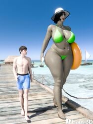 3d 3d_(artwork) absurd_res alcina_dimitrescu artist_name beach bikini breasts capcom green_bikini highres resident_evil resident_evil_8:_village taller_female thick_thighs unnamed_male vampire walking wide_hips