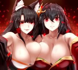 2girls akagi_(azur_lane) animal_ears asymmetrical_docking azur_lane black_hair breast-to-breast breast_press breasts brown_hair female hair_ornament high_resolution huge_breasts large_breasts looking_at_viewer multiple_girls red_eyes taihou_(azur_lane) tenna1869 very_high_resolution yandere