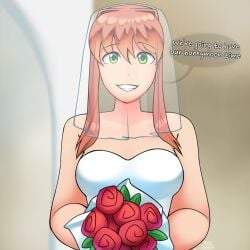 1girls clothed doki_doki_literature_club female marriage monika_(doki_doki_literature_club) smile speech_bubble tagme triplestabber wedding wedding_dress