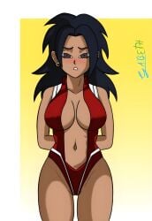 1girls boku_no_hero_academia brown_skin brown_skinned_female cosplay crossover dragon_ball dragon_ball_super female female_only hero_outfit_(mha) kale kale_(dragon_ball) momo_yaoyorozu my_hero_academia saiyan saiyan_girl shy solo