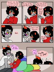 black_eyes black_hair blush comic cronus_ampora fluffy_hair grey_skin homestuck homestuck_troll kankri_vantas male male_focus male_only mcsiggy purple_penis red_penis rubbing_penis unusual_genitalia