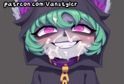 1girls ai_generated animal_ears anthro baggy_clothing bedroom_eyes blush breasts covered_in_cum cum cum_on_face embarrassed female furry furry_female gesugao green_hair hoodie league_of_legends looking_at_viewer looking_pleasured patreon purple_eyes riot_games shortstack slim_waist small_body smile smiling smiling_at_viewer solo solo_female vanstyler vex_(league_of_legends) yordle