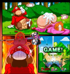 1boy 2girls after_sex all_fours angry ass bottomless caught closed_eyes comic cum_on_ass english_text female gigantic_ass hammer huge_ass human interspecies kogeikun male mario mario_(series) multiple_girls nintendo princess_peach shy_gal straight super_mario_bros. super_smash_bros. tools top-down_bottom-up video_games