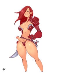 1futa armor battle_chasers cleavage erection futa_only futa_sans_balls futanari hair hair_over_one_eye intersex long_hair navel panties penis penis_out pussy r4 red_hair red_monika smile solo standing weapon