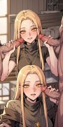 ai_generated blonde_hair blonde_hair_female ceremon_vaughan double_handjob handjob hero_killer jerkingoff jerkingoff_another self_upload victoria_(hero_killer) webtoon yellow_eyes