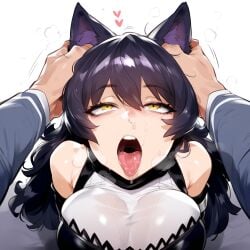 1boy 1girls ahe_gao ai_generated big_breasts black_hair blake_belladonna blush cat_ears catgirl drooling ear_rub eyes_rolling_back faceless_male female_focus floating_hands grabbing_ears heart hearts_around_head male_pov open_mouth petting runny_nose rwby self_upload snot tongue_out uncommon_stimulation unusual_erogenous_zone yellow_eyes